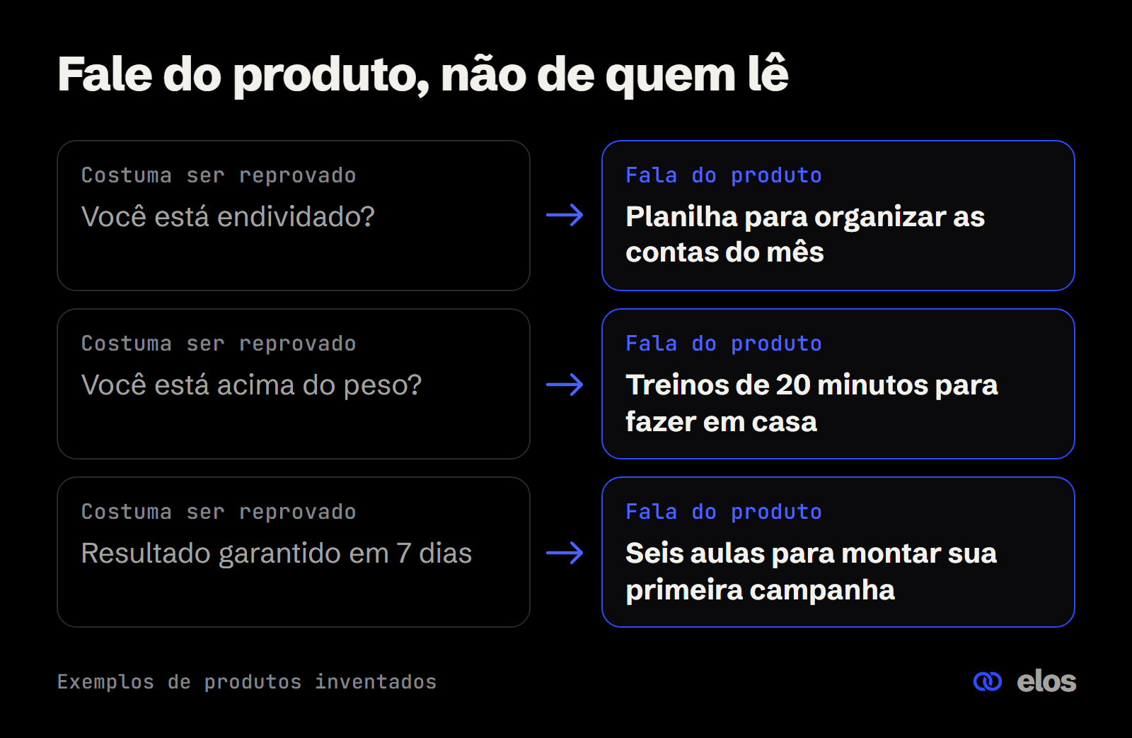 Exemplos de frases de anúncio reescritas para não citar atributos pessoais nem prometer resultado